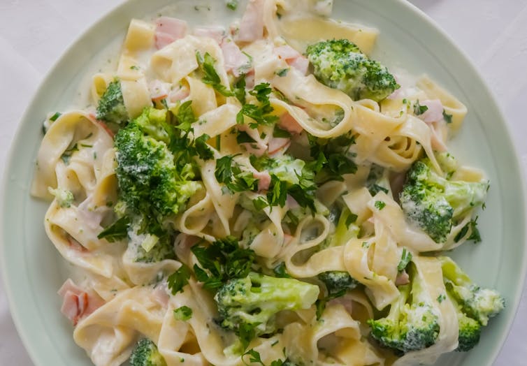 Plate of flat pasta with broccoli and ham