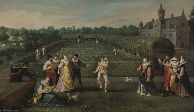 Pintura de cortesanos paseando por el jardín de un palacio