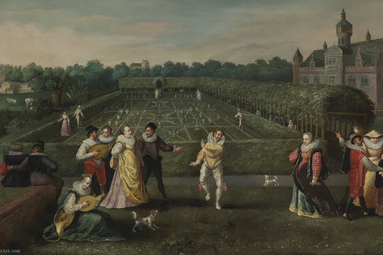 Pintura de cortesanos paseando por el jardín de un palacio