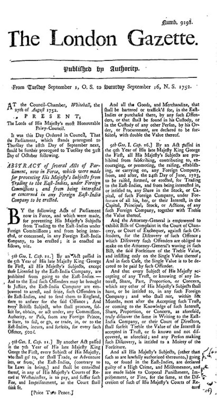 The front page of The London Gazette in September 1752