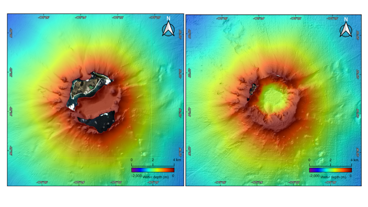 The Hunga Tonga-Hunga Ha'apai crater and caldera before and after the eruption
