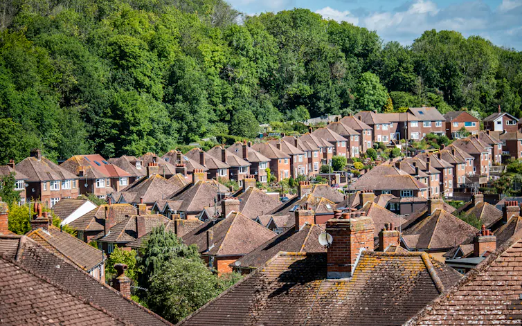 Roofs against a forest background with blue skies and cloud.