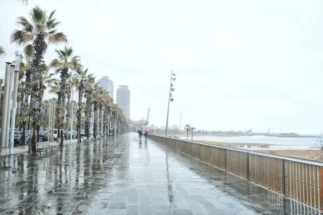 Dos personas con paraguas caminan por el paseo marítimo de Barcelona.