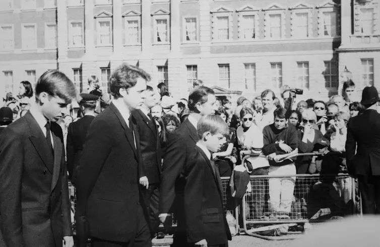 The funeral of Diana, Princess of Wales in black and white.