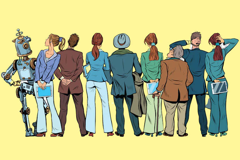 Une foule tournée vers l'arrière se pose des questions