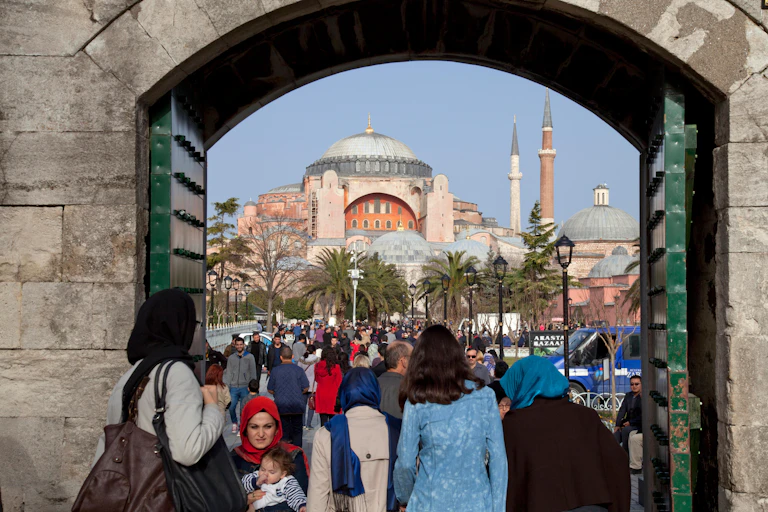 Lots of people in a crowded Istanbul street.