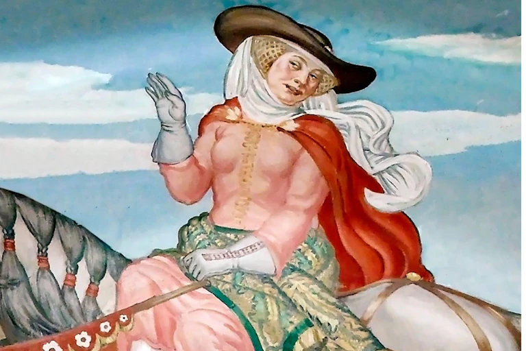 Painting of a medieval woman on a horse.