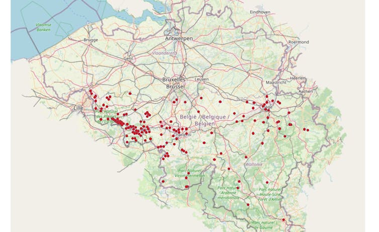Map of Belgium showing institutions that provided services for French citizens living with handicaps.