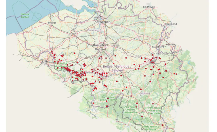 Map of Belgium showing institutions that provided services for French citizens living with handicaps.