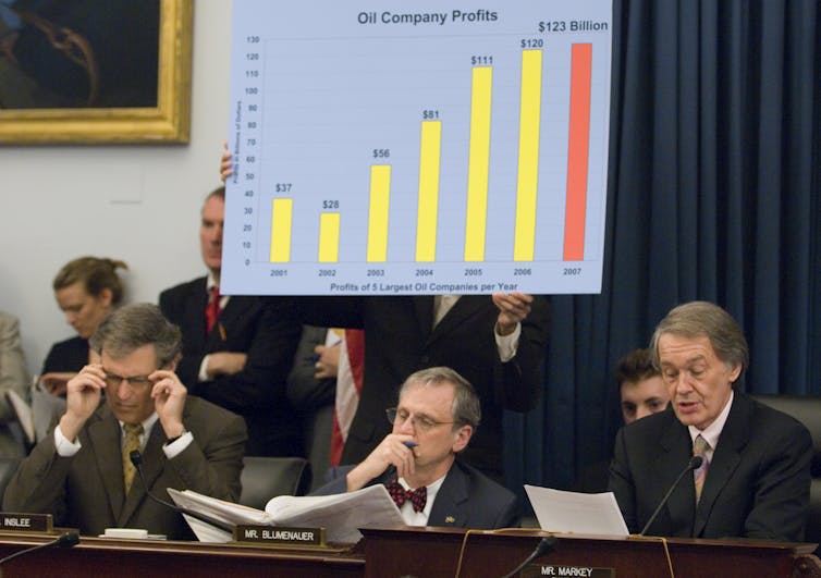 Three men sit in suits sit at a table, with a chart behind them showing oil company profits rising over time.