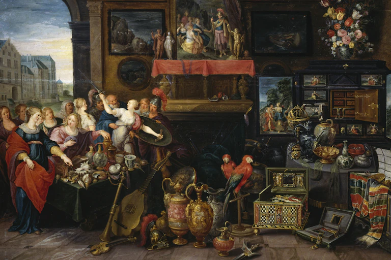 An oil painting showing men and women dressed in colorful attire standing on one side of a room full of art objects.