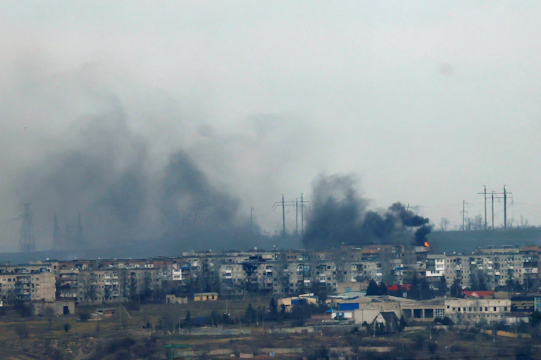 Smoke rises over the townof Soledar in eartern Ukraine, January 11 2022