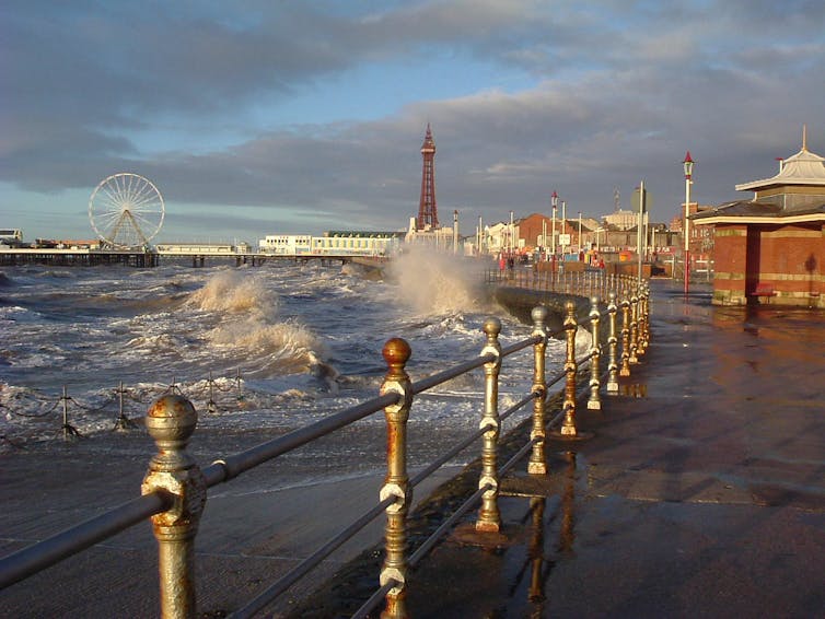 View down Blackpool Pleasure Beach in the winter time