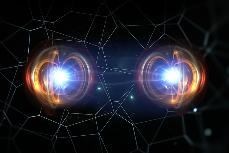 Illustration of two glowing particles linked by faint lines against a black background.