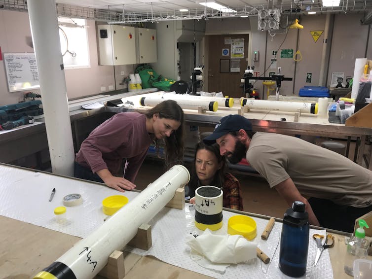 Three scientists peering into a sediment core
