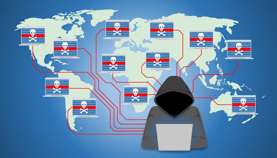Illustration of insecure network, world wide computer controlled by a botnet master