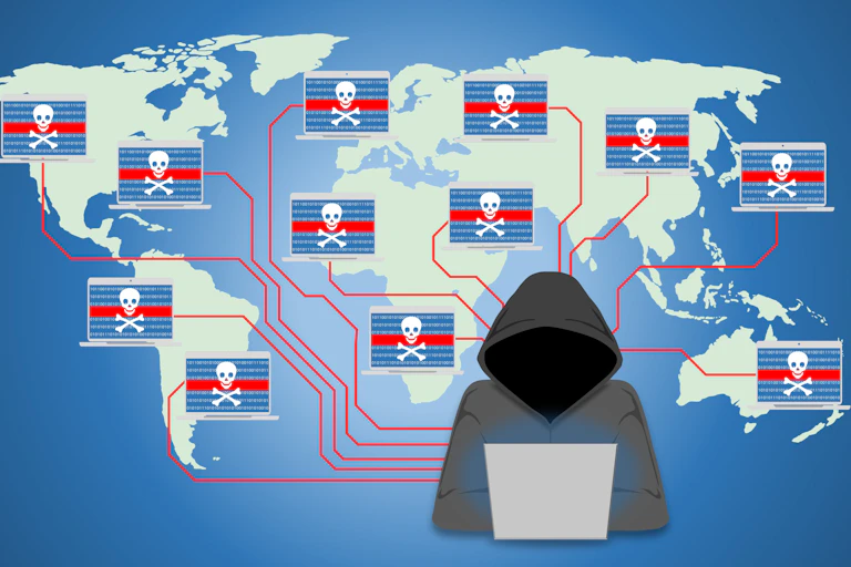 Illustration of insecure network, world wide computer controlled by a botnet master