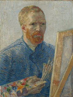 Self portrait by Van Gogh, holding his palette and sat at his easel.