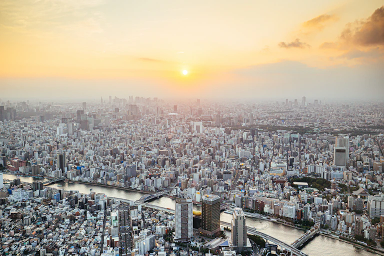 Aerial view of city at sunset.