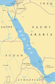 Um mapa da região ao redor do Mar Vermelho.
