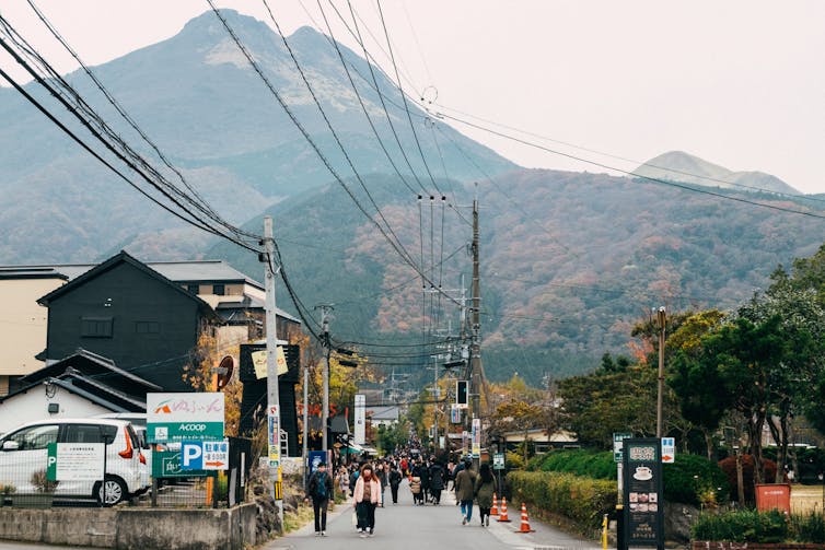 A street scene in a small town in the mountains.