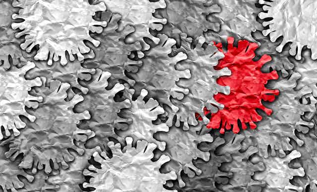 Illustration of a red coronavirus in a large group of gray coronaviruses