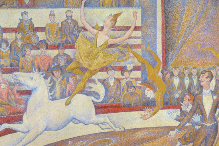 A ballerina stands on a horse's back in an impressionist painting.