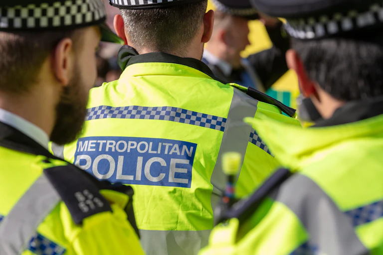 View from behind of several male police officers in hi-vis jackets reading Metropolitan Police