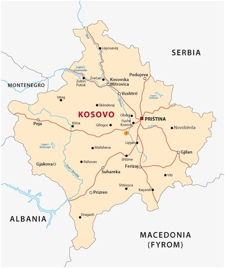 Map of Kosovo and surrounding countries.