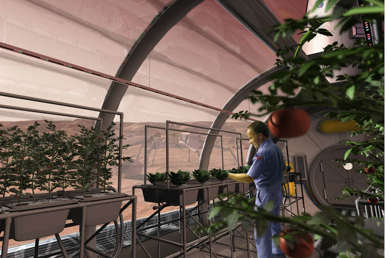 illustration of a domed greenhouse with a visible red sky in the background