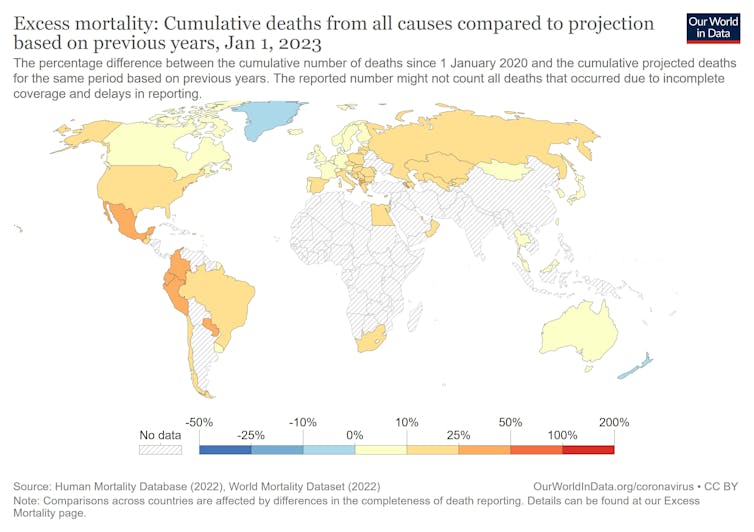 Este mapa mundial muestra el número acumulado de muertes en los países.