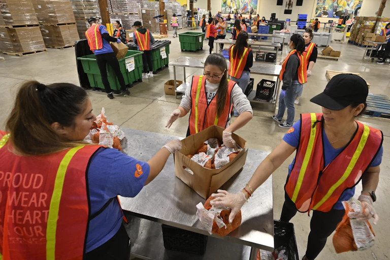 People in bright orange vests sort food and boxes.
