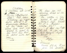 An old-fashioned notebook with spiral spine bears neat cursive handwriting that tells of the struggle by a family to send their boys to school.