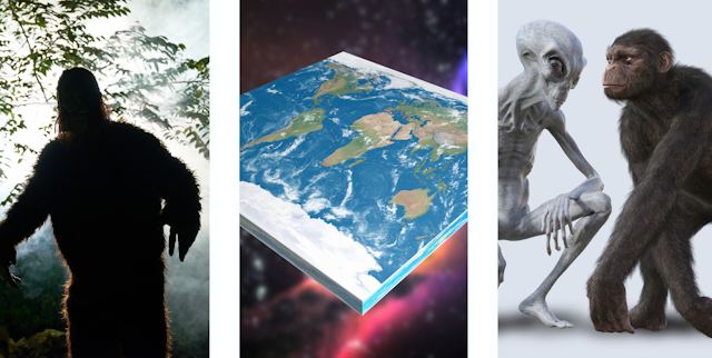 Images of a Sasquatch, a flat Earth and an alien with an ape.