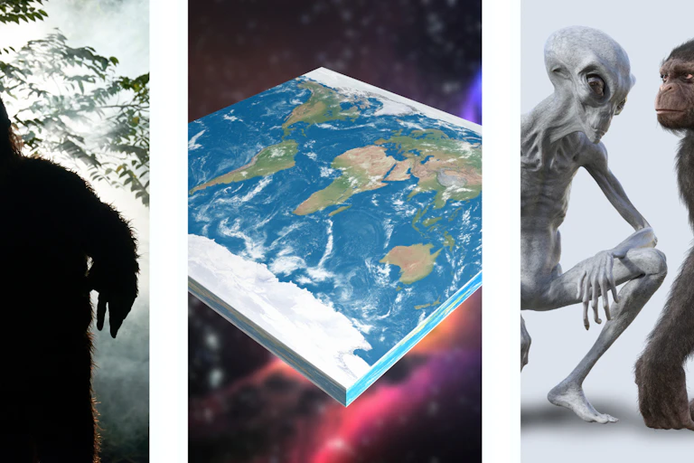 Images of a Sasquatch, a flat Earth and an alien with an ape.