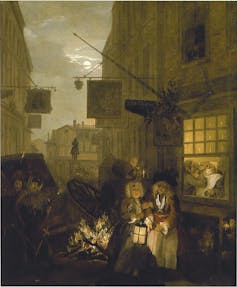 A painting featuring people holding a lantern next to a damaged carriage next to a fire.