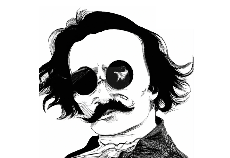 Black and white drawing of man with long hair and mustache wearing sunglasses.