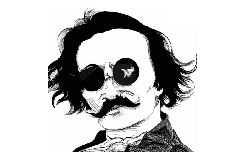 Black and white drawing of man with long hair and mustache wearing sunglasses.