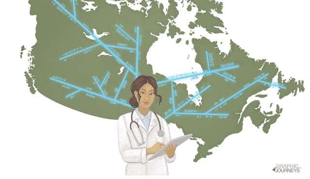 Illustration of a woman in a white coat with a stethoscope and documents in front of a map of Canada