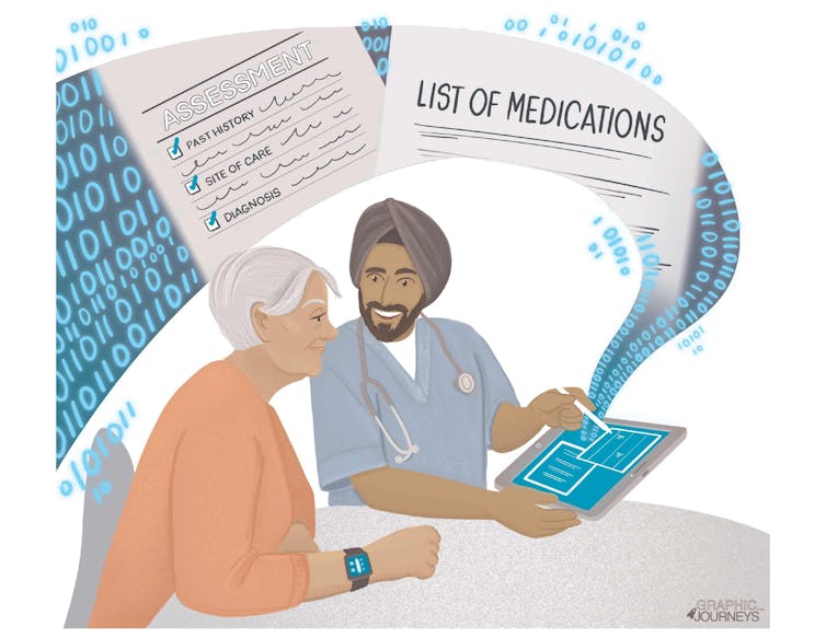 Illustration of a health-care practitioner and a patient discussing a list of medications.