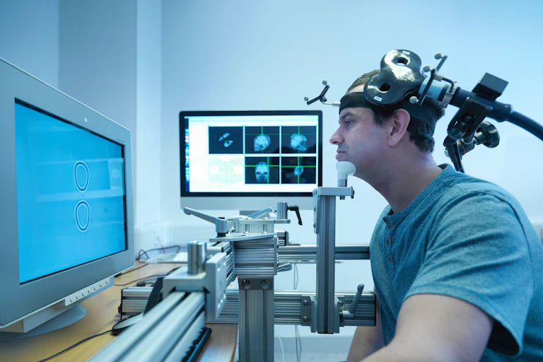 Un homme participant à une expérience de stimulation magnétique transcrânienne.
