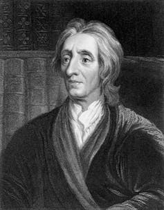 A black and white engraving of a man with shoulder-length hair