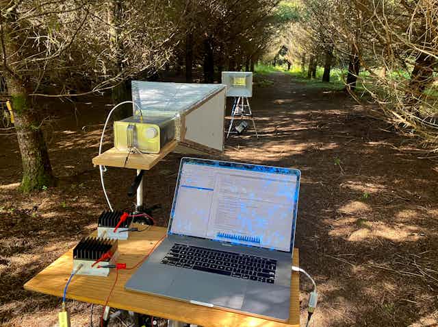 In a grove of trees, a laptops is open on a table in the foreground with a nearby rectilinear cone pointed toward the background where a similar rectilinear cone faces the foreground