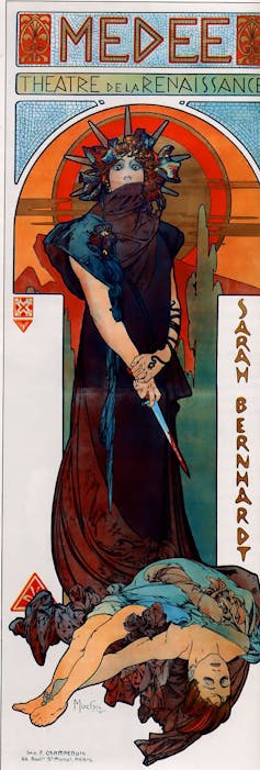 Cartel que retrata a una mujer que sostiene un puñal ensangrentado.