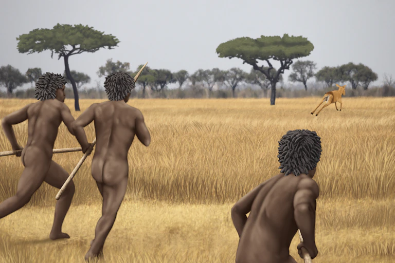 In this illustration three nude men are seen charging towards a buck that is running towards acacia trees. All three men are holding spears.