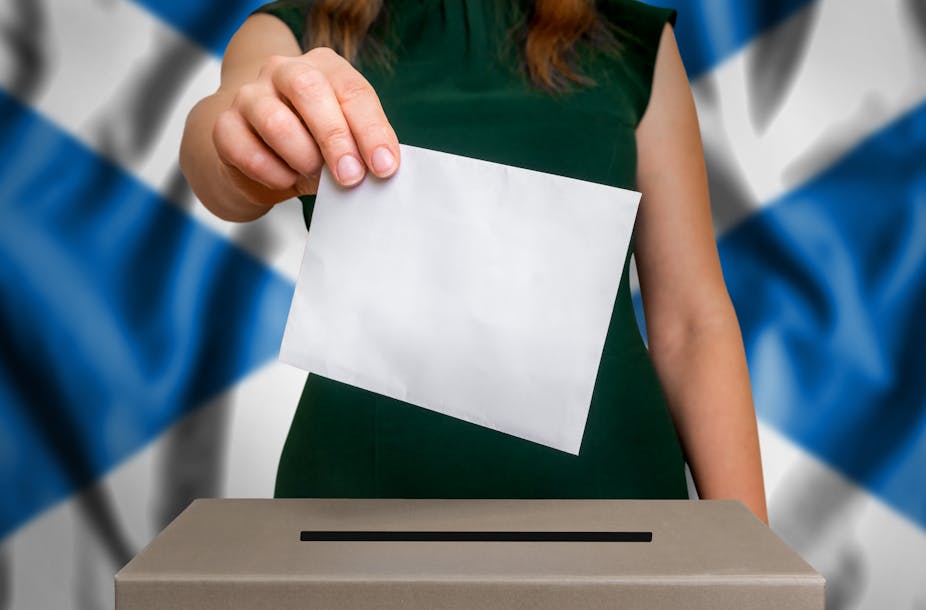 close up of a young woman placing a ballot in a box, in front of a Scottish flag