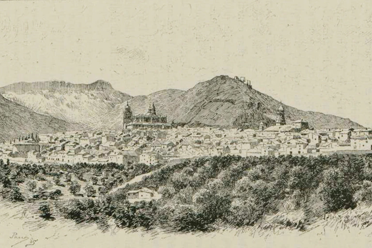 Un grabado de una ciudad con montañas al fondo.