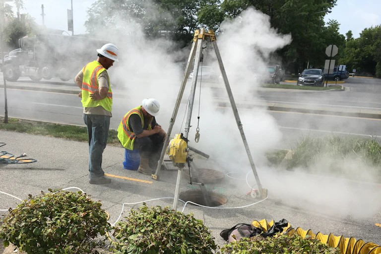 Two workers in construction vests work near a manhole with gases coming out. A liner and equipment are nearby.