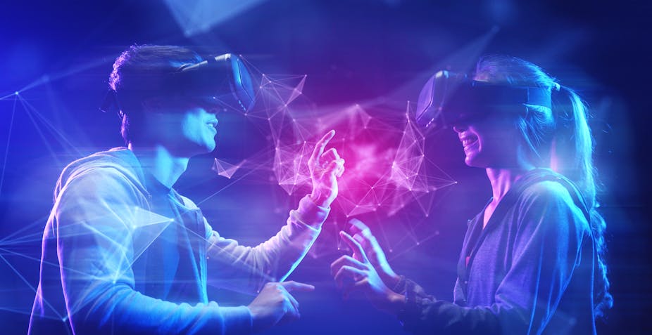 Illustration de deux personnes portant des casques de réalité virtuelle.