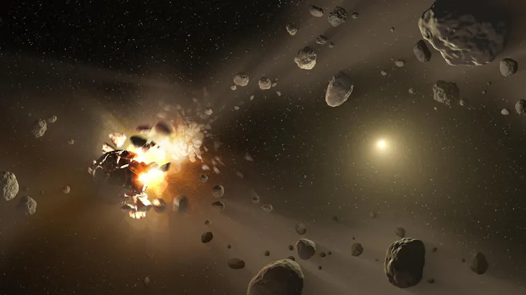 3D illustration of an exploding rock with smaller rocks flung off it in several directions